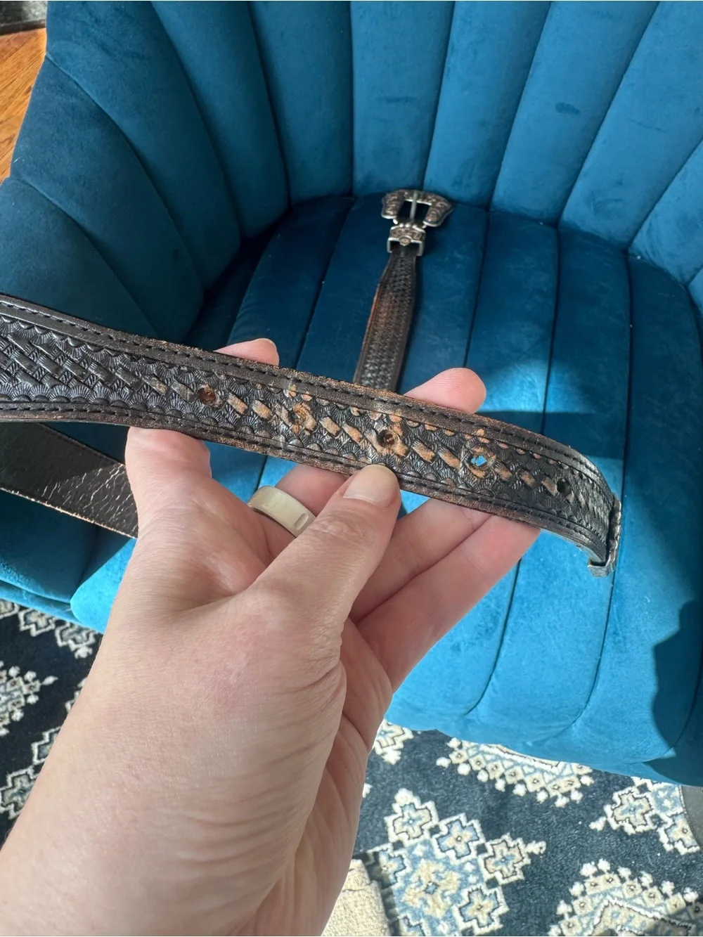 Vintage Bob Berg Hand-Tooled Western Belt Buckle with basket weave leather belt